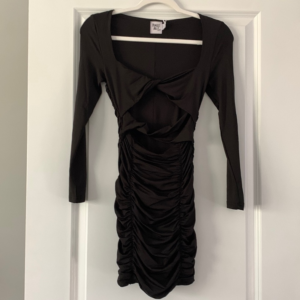 NWT Women’s prom princess Polly black double cut out ruched long sleeve dress.